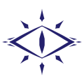 A pointy, geometric drawing of an open eye with a slit pupil and six eyelashes.